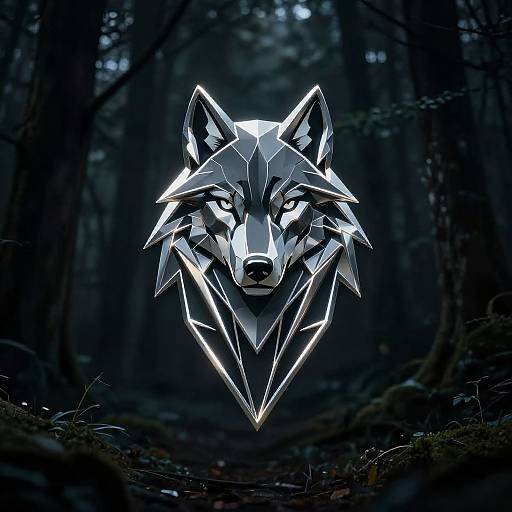 Digital artwork of a glowing, geometric wolf head in a dark, dense forest. The wolf's angular, neon-white features contrast with the dark, shadow