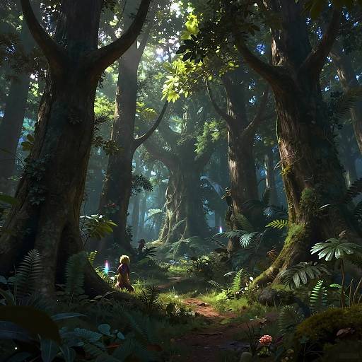 Photorealistic digital painting of a sunlit, dense forest with towering trees, lush green ferns, and a small, blonde-haired child standing on