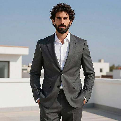 Photograph of a handsome, bearded man with curly black hair, wearing a dark gray suit and white shirt, standing confidently on a sunlit rooftop