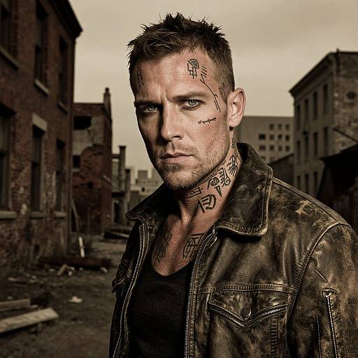 Photograph of a rugged, tattooed man with short, spiked dark hair, wearing a dirty leather jacket, in a desolate, abandoned urban street