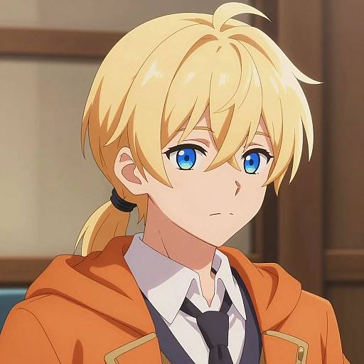 Anime-style digital drawing of a blonde-haired, blue-eyed boy with a side ponytail, wearing an orange hoodie, white shirt, and black tie.