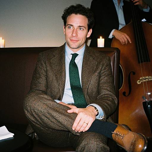 Photograph of a handsome man with curly black hair, wearing a brown checkered suit, white shirt, and black tie, sitting in a dimly