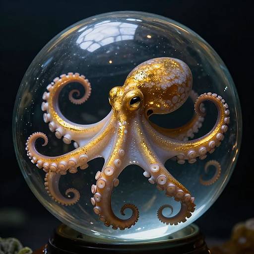 Photograph of a glittering gold and pink octopus inside a clear glass snow globe, illuminated from within against a dark background.