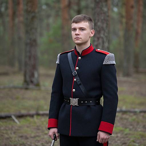 Photograph of a young, fair-skinned boy with short brown hair in a black military-style uniform with red trim and silver shoulder epaulettes