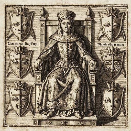 Black-and-white engraving of a medieval queen in ornate dress, crown, and throne, surrounded by four heraldic shields with facial motifs.