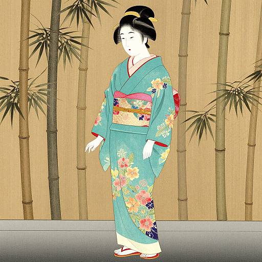 Traditional Japanese Woman in Turquoise Kimono
