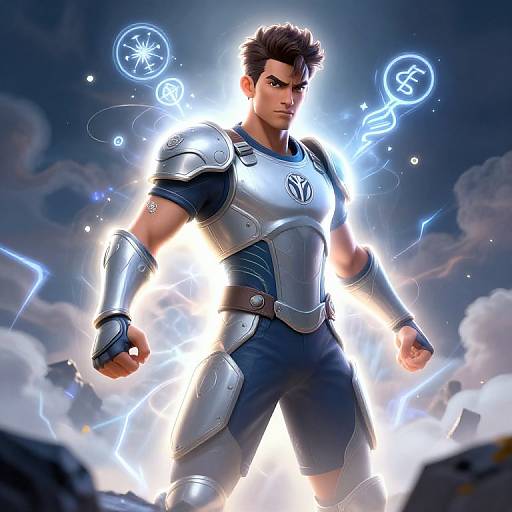 Digital art of a muscular, dark-haired man in silver and blue armor, glowing with electric blue energy and symbols, standing powerfully against a cloudy sky