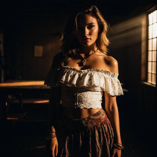 Portrait of Woman in Ivory Lace Top with Paisley Skirt