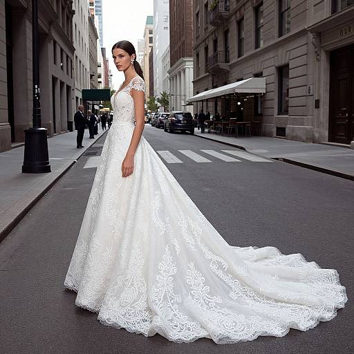 Photograph of a slender woman in an elegant white lace wedding dress with a long train, standing on an urban street with tall buildings. She has dark