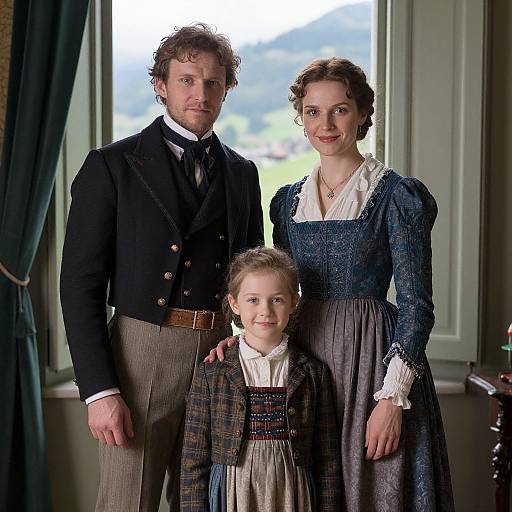 Photograph of a Victorian-era family: curly-haired father in black jacket, mother in blue dress, and young daughter in plaid outfit, standing indoors