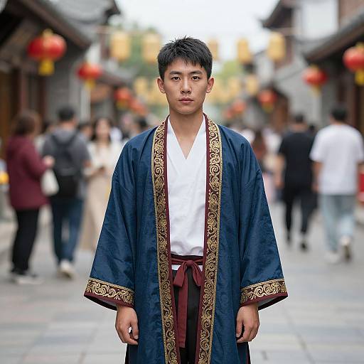 Photograph of an Asian man in a blue silk robe with gold trim, white shirt, and red sash, standing in a blurred, busy traditional