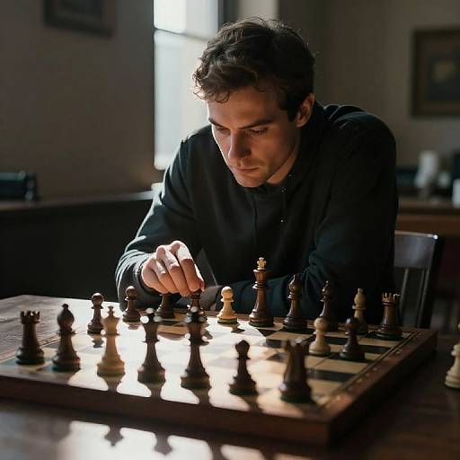 Photograph of a focused young man with curly brown hair, wearing a black shirt, playing chess in a dimly lit room.