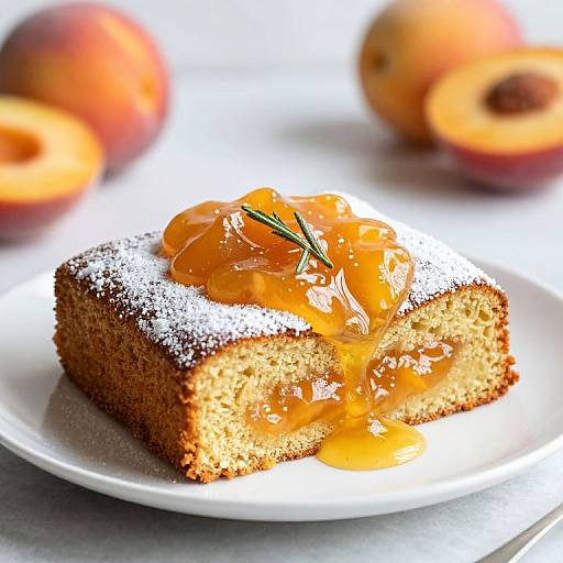Photograph of a square, golden-brown cake slice dusted with powdered sugar, topped with orange marmalade and a sprig of rose