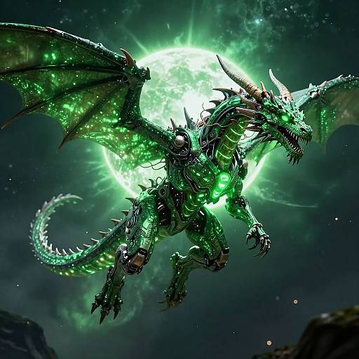 Glowing green dragon with spiked armor and glowing eyes flies against a bright full moon in a dark, starry night sky. Digital art.