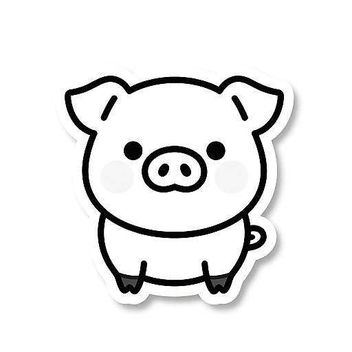 Simple black-and-white line drawing of a cute, round-faced piglet with small ears, a snout, and tiny legs, centered on a white