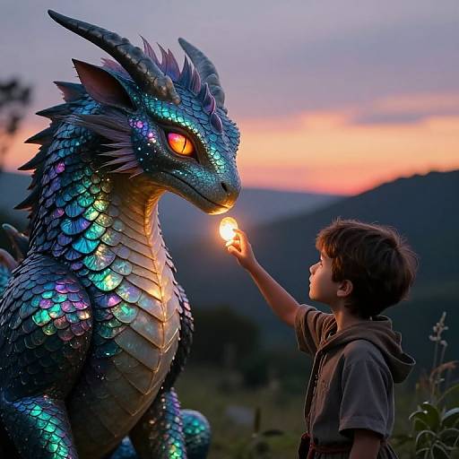 Photograph of a boy gently touching the glowing horn of a shimmering blue and purple dragon against a sunset mountain backdrop.