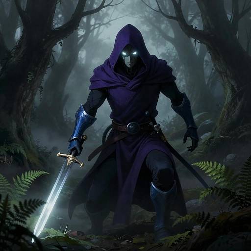 Mystical Hooded Figure in Foggy Forest