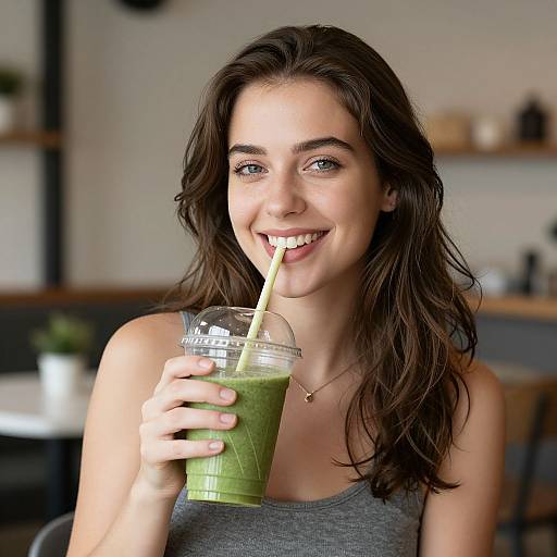 Photograph of a smiling young woman with wavy brown hair, blue eyes, and light skin, holding a green smoothie with a yellow straw,