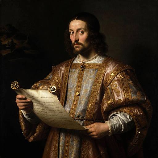 Photograph-style digital painting of a bearded man in ornate, gold-embroidered Renaissance attire, holding a rolled scroll, set against a