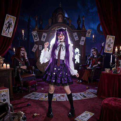 Anime-style photograph of a purple-haired girl with glasses, white blouse, and dark purple skirt, casting a spell in a dimly lit, candlelit