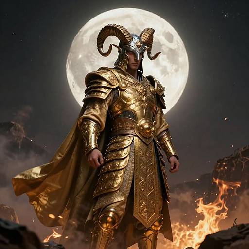 Digital art of a horned, golden-armored figure standing before a full moon, surrounded by flames and dark clouds. Powerful and imposing.
