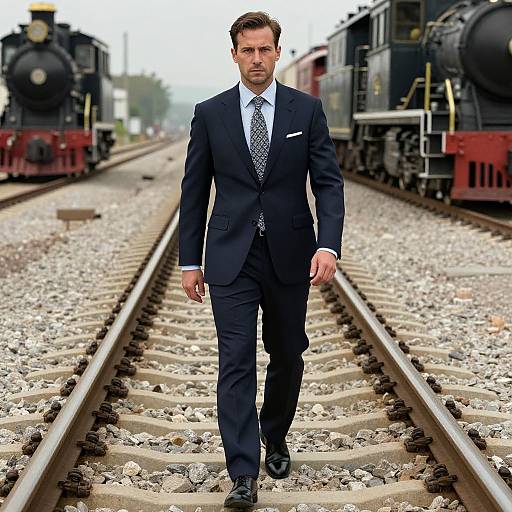 Photograph of a confident, handsome man in a dark navy suit and patterned tie walking down railway tracks between two vintage locomotives.