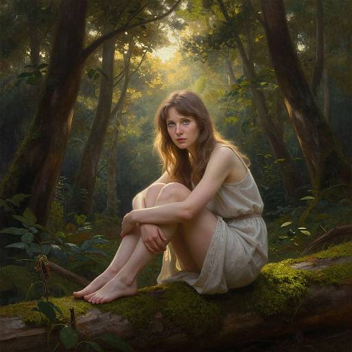 Photorealistic digital art of a young woman with long brown hair, sitting barefoot in a sunlit forest, wearing a white, sleeveless dress