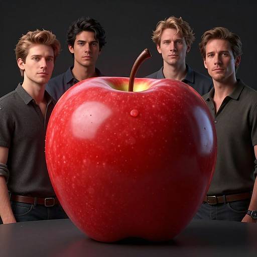 Photograph of four attractive, young men with varying hair colors, wearing dark shirts, standing behind a large, red, shiny apple.