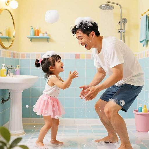 Playful Father-Daughter Bubble Shower