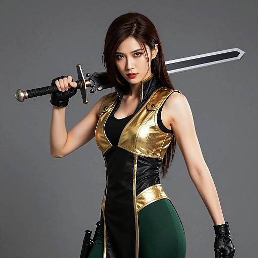 Woman in Sonya Blade Cosplay with Sword