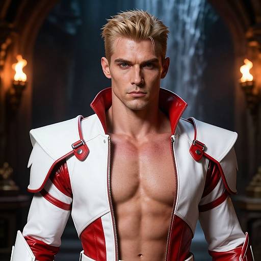 Photograph of a muscular, blonde-haired man with blue eyes, wearing an open white and red leather jacket, revealing his chiseled abs, in