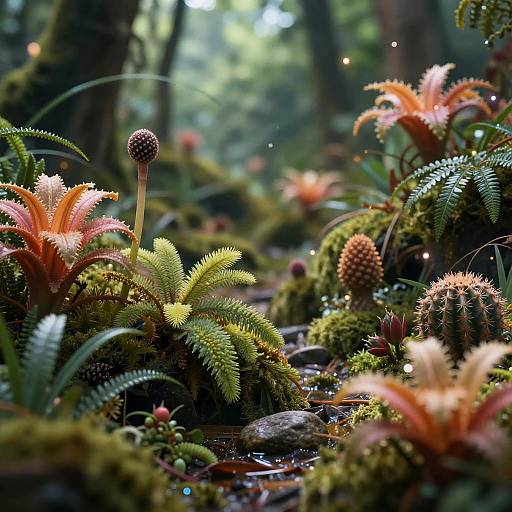 Photograph of a lush, enchanted forest floor with vibrant, spiky ferns, moss-covered rocks, glowing fairy lights, and a sunlit,