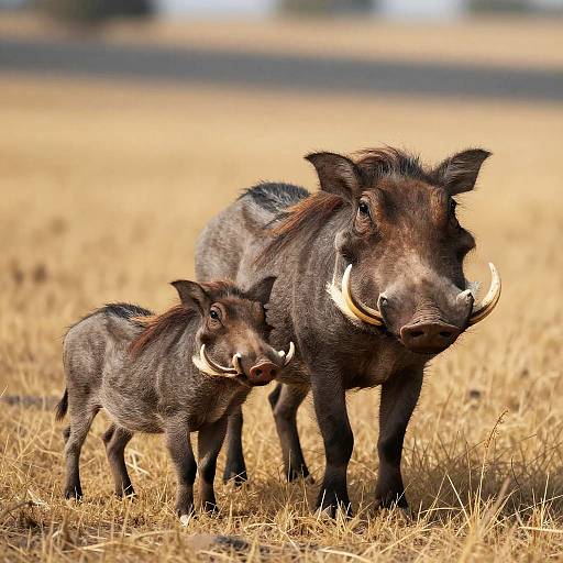 Photograph of a mother warthog with large tusks and her small, similarly-tusked piglet standing in a dry, golden grass field