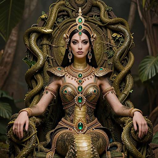 Digital art of a serpent-entwined queen with green gemstone jewelry, ornate gold armor, and snake-like lower body, seated on a