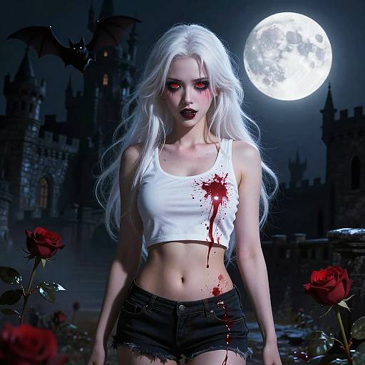 Digital illustration of a pale, white-haired gothic woman with red eyes, wearing a bloody white tank top and black shorts, standing under a full moon