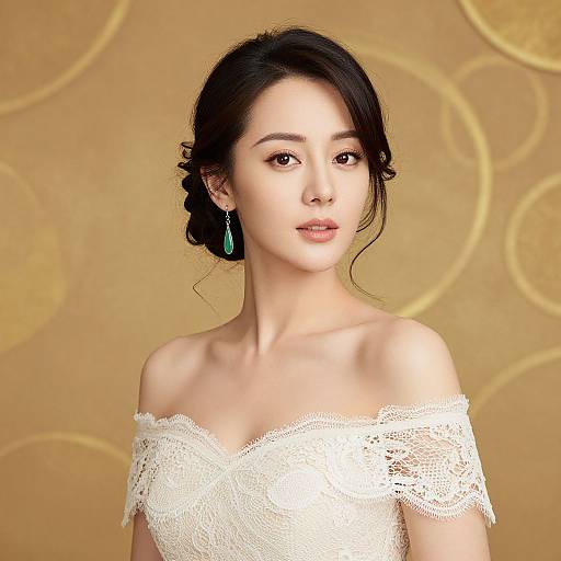 Photograph of an Asian woman with fair skin, black hair in an updo, wearing an off-shoulder white lace dress and turquoise teard