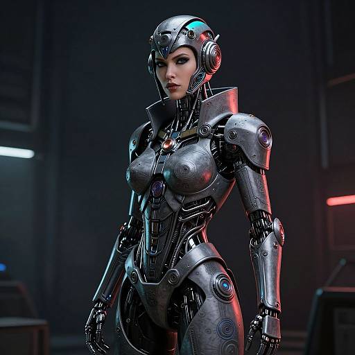 CGI image of a futuristic, sleek, silver robotic woman with glowing blue and red accents, standing confidently in a dark, high-tech lab.