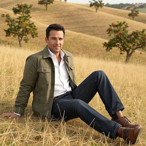 Photograph of a casually dressed middle-aged man with short dark hair, olive green jacket, white shirt, blue jeans, and brown boots, sitting in