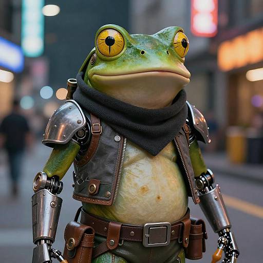 Photorealistic CGI of a green frog in futuristic armor with yellow eyes, black scarf, and metallic gauntlets, standing on a neon-lit
