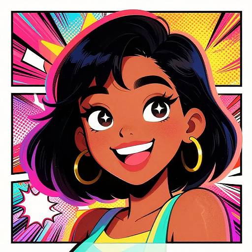 Colorful comic-style portrait of a smiling, dark-skinned woman with black bob hair, large eyes, gold hoop earrings, and a yellow tank top