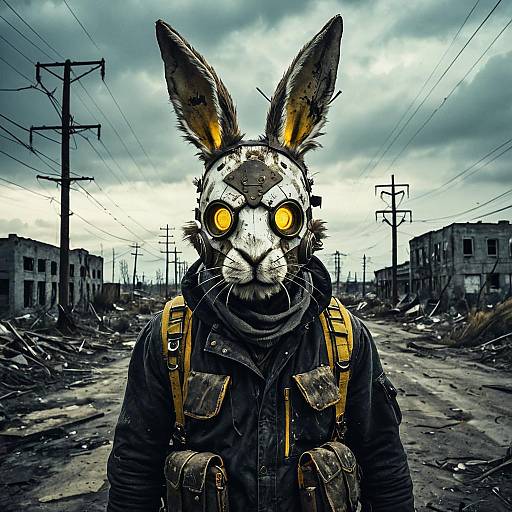 Post-apocalyptic humanoid in rabbit mask