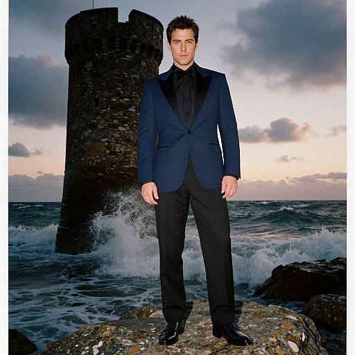 Photograph of a handsome man in a navy suit with black shirt, standing on rocky shore, ocean waves behind, and a tall stone tower in the