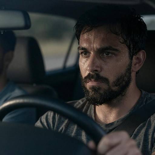 Sweating Man Driving with Intense Focus