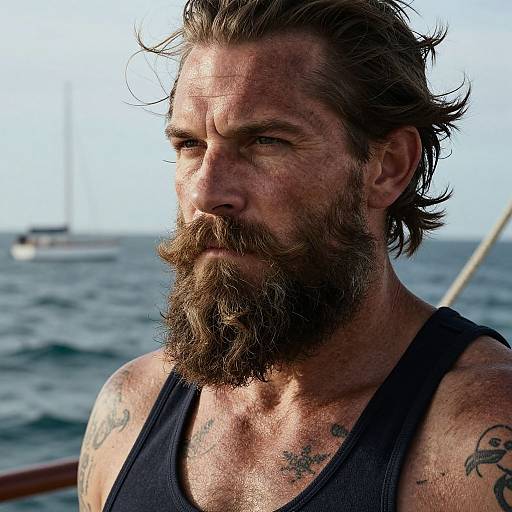 Photograph of a rugged, bearded man with tattoos, wearing a black tank top, standing on a boat with a blue ocean background. His intense