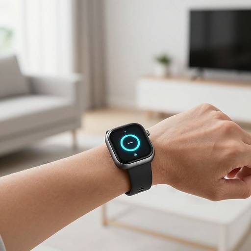Photograph of a light-skinned hand wearing a black smartwatch with a blue circular display in a modern, brightly lit living room.
