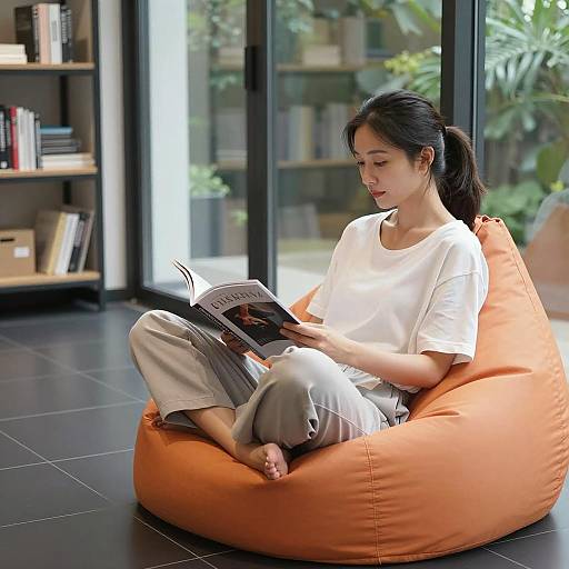 Asian Woman Reading on Orange Bean Bag