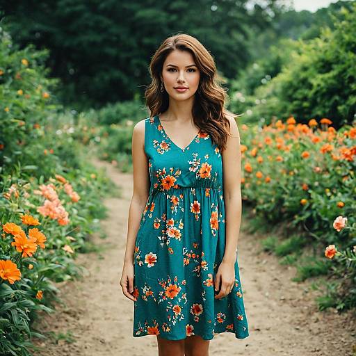 Woman in Teal Floral Summer Dress in Garden