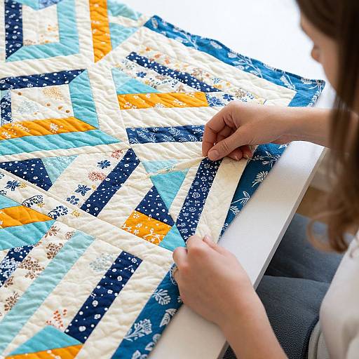 Woman Crafting Vibrant Geometric Quilt
