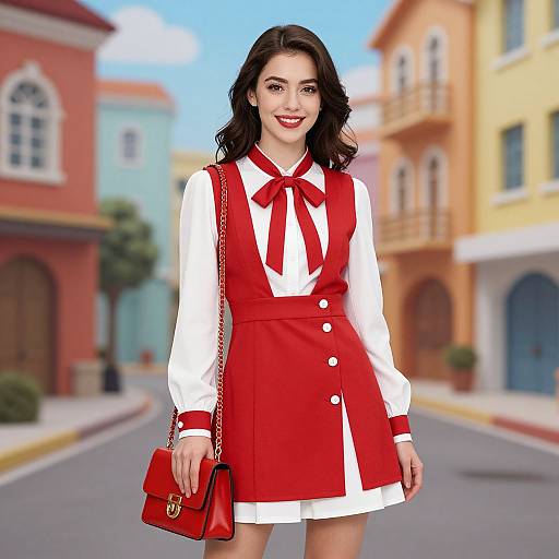 Digital artwork of a smiling young woman with dark hair, wearing a red and white dress with buttons, red bow, and red handbag, standing on