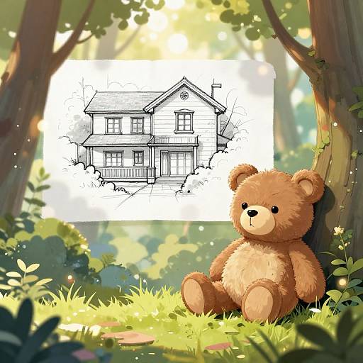 Digital illustration of a brown teddy bear sitting against a tree in a sunlit forest, with a black-and-white house sketch in the background.